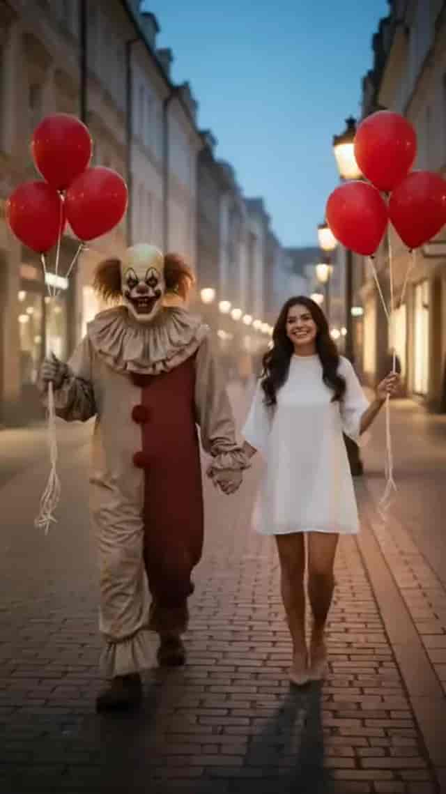Scary Clown Red Balloon Walk background blur