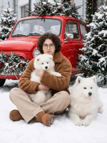 Snowy Dog Hug  background blur