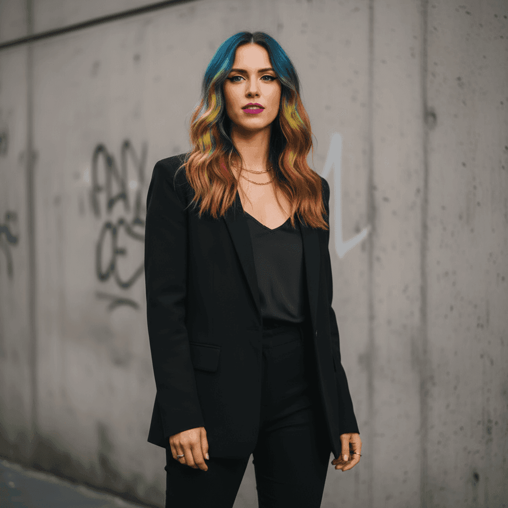 AI Urban Portrait – Cinematic Rainbow Hair Transformation